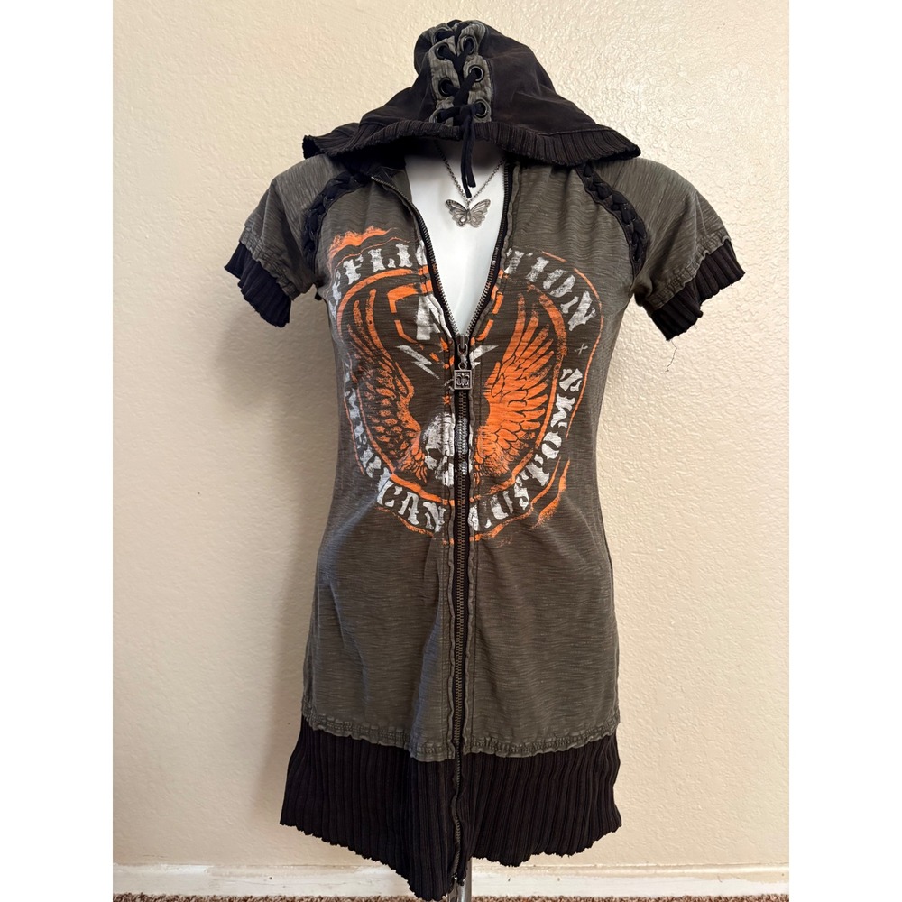 Y2K Vintage Affliction American Zip Up Hooded Mini Dress Olive Green Graphic M